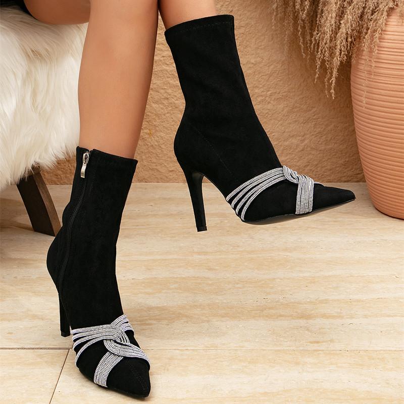 Fashion Fashion Rhinestones Stretch Flock Women Ankle Boots Elegant Pointed toe Thin High Heels Autumn Winter Sock Boots Shoes Booties