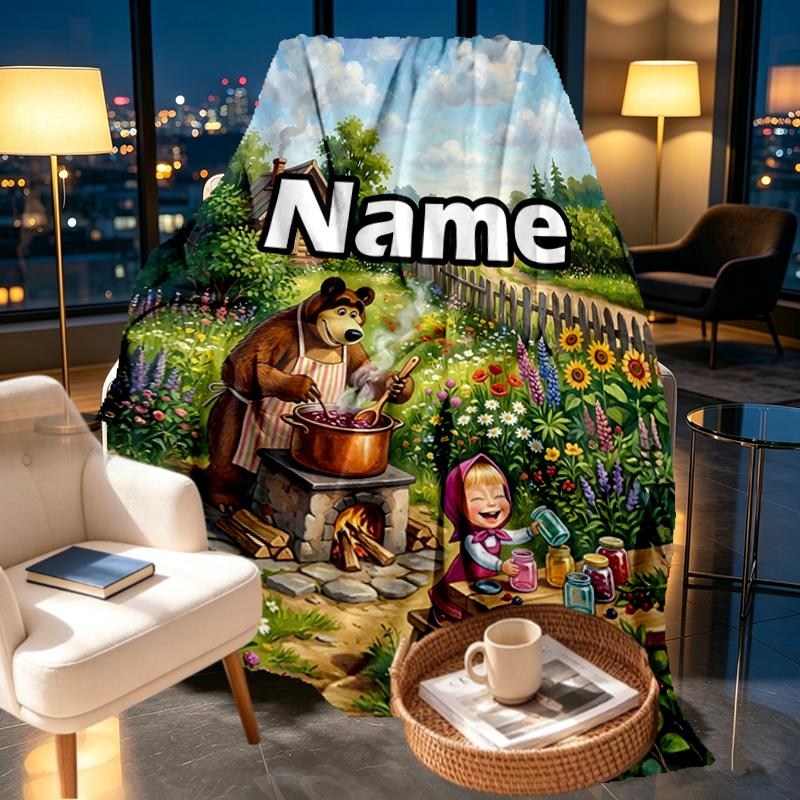 Custom Name Personalized Masha and The Bear Print Blankets, Home Decor, Bedroom, Sofa, Camping, Couch, Gifts for Birthday Christmas