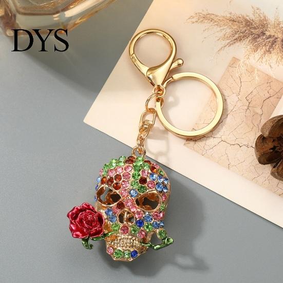 Gothic Style Keychain Holding Rose Rhinestone Skull for Halloween, Skeleton Pendant Head Key Ring, Chain Accessory Handbags Backpacks