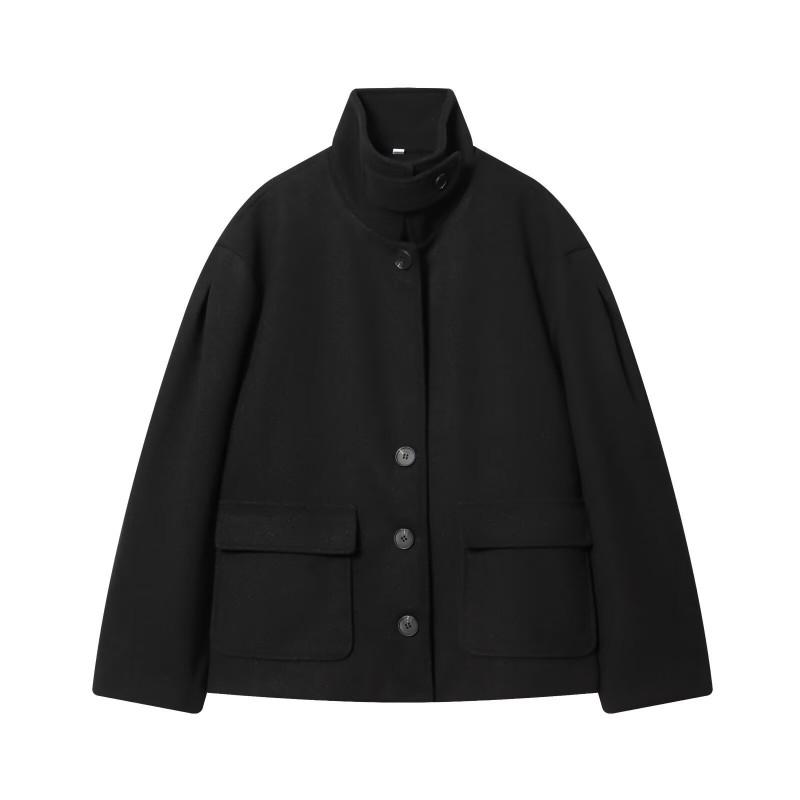 Womens 2026 Streetwear Short Stand-Collar Coat With Pocket Detail Regular Fit Long Sleeve Solid Black