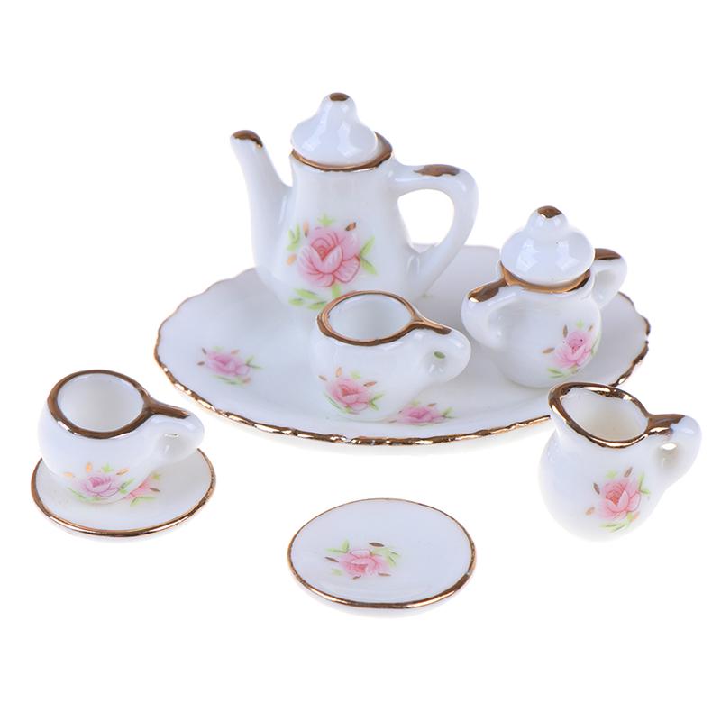 8Pcs 1/12 Dollhouse Miniature Dining Ware Porcelain Tea Set Dish Cups