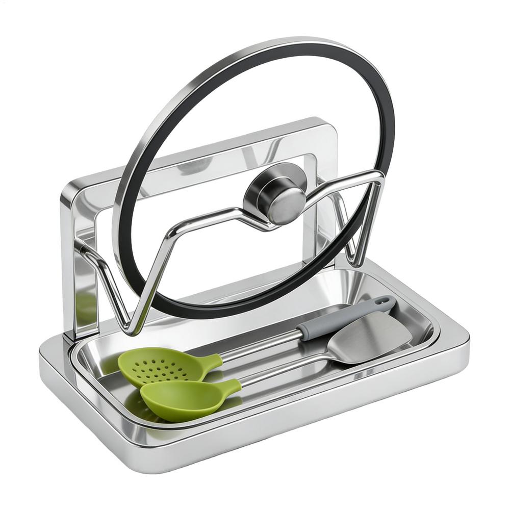 

Pot Lid Rack Stainless Spoon Rest Stainless Pan Cover Organizer With Removable Drip Tray For Kitchen Home Pantry Counter