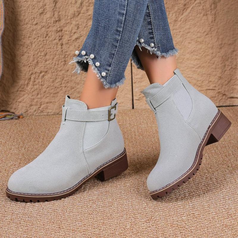Autumn and winter new women's Martin boots elastic belt buckle round head square heel medium boots women's shoes