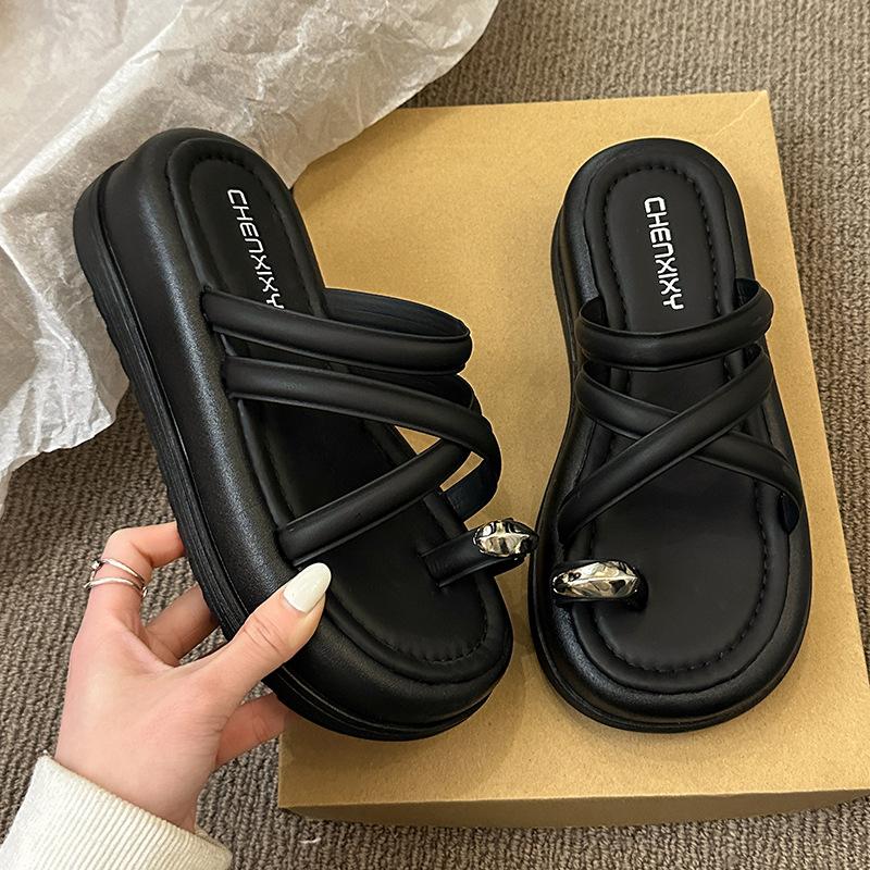 

Thick-soled heightening set of toe sandals, new small fragrant sandals in summer 40 чёрный