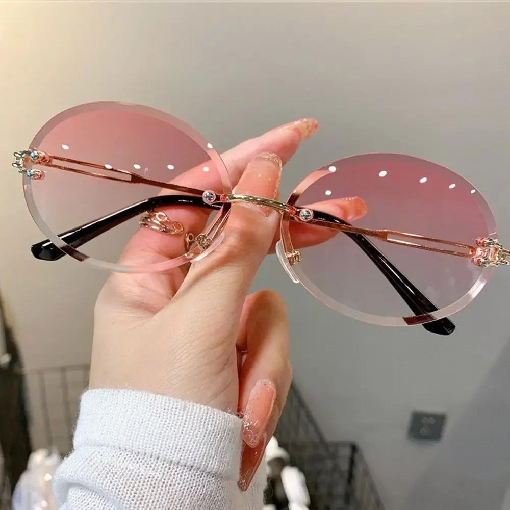 Fashion Vintage Cat Eye Metal Frame Rimless Sunglasses Retro Women Gradient Multicolor Women Outdoor Travel Sun Glasses