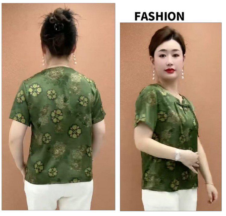 Summer 2026 Retro Chinese Style Printed T-shirt for Middle-Aged & Elderly Women - Slimming Short Sleeve Round Neck