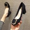 Black high heels women's thick heel new versatile professional square head rhinestone square buckle women's shoes spring and autumn single shoes women