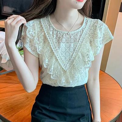 Blusa estiva da donna in pizzo a maniche corte con volant francesi e trafori