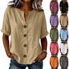 Women'S Elegant V Neck Short Sleeve Button Down Cotton Linen Blouse, Solid Color Summer Office Casual Top