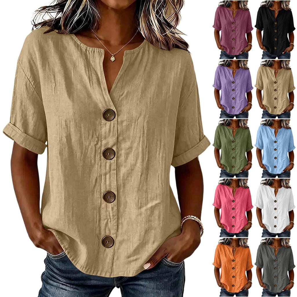 Women'S Elegant V Neck Short Sleeve Button Down Cotton Linen Blouse, Solid Color Summer Office Casual Top