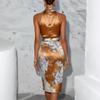 Spring New European and American Style Neck Printing Satin Dress Elegant Temperament Evening Dress