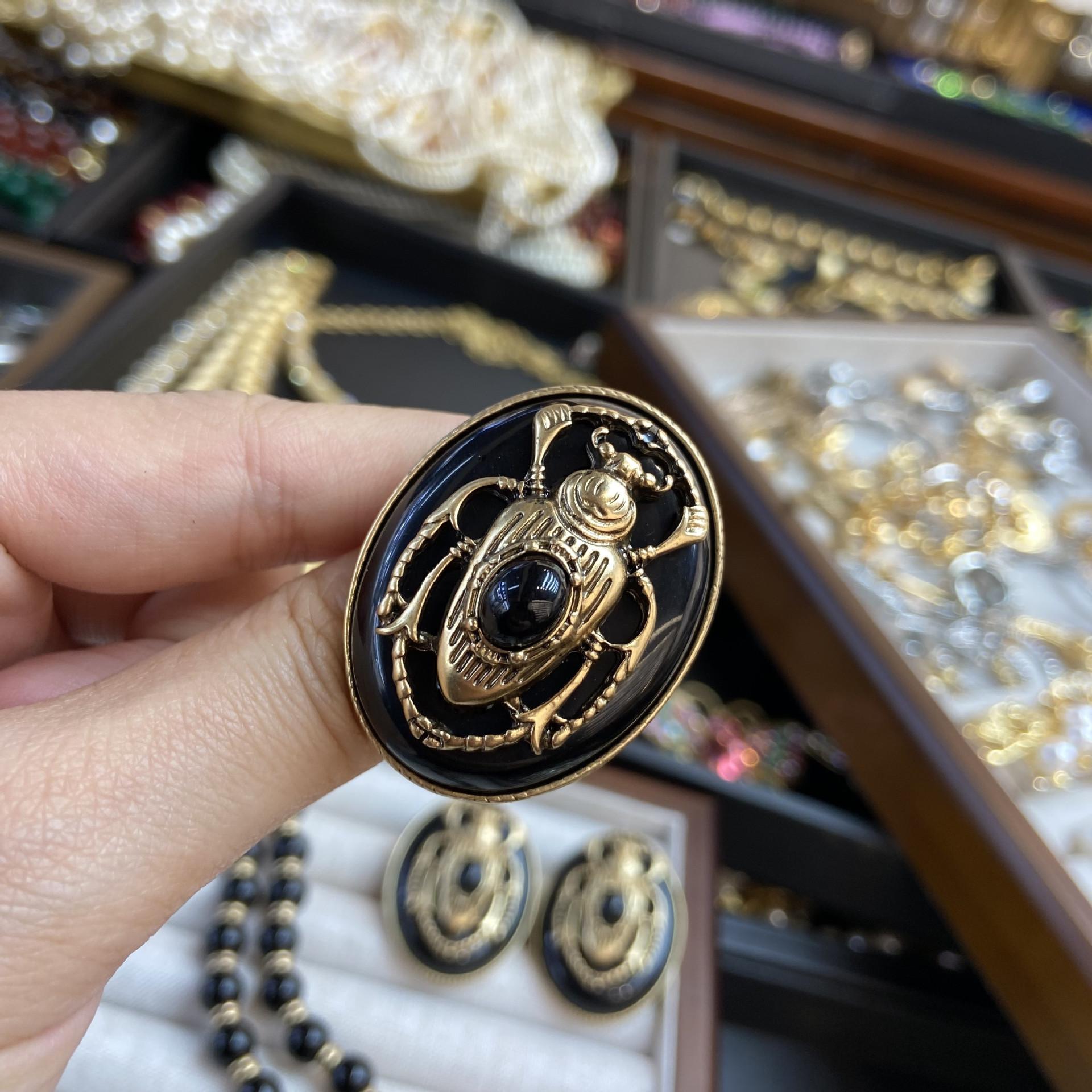 Russian Gold Dripping Oil Retro Insect Scarab Beaded Double Layer Necklace Ear Pat Ring Brooch Set