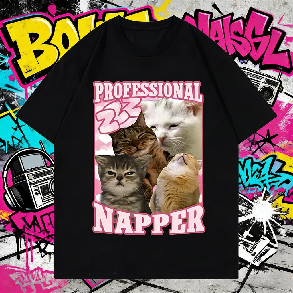 2026 Summer Cotton Tee Cute Sleeping Cats Meme Graphic Unisex WOMEN Plus Size Loose Casual Hip Hop Streetwear Breathable Top
