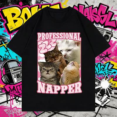 2026 Summer Cotton Tee Cute Sleeping Cats Meme Graphic Unisex WOMEN Plus Size Loose Casual Hip Hop Streetwear Breathable Top