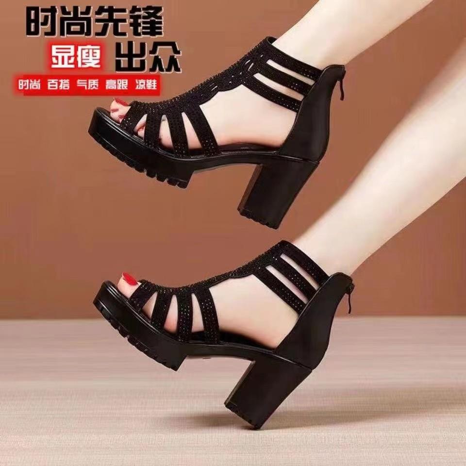 Coarse heel rhinestone high heel sandals comfortable versatile non-slip fish mouth mother