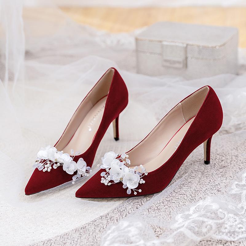 Wedding Shoes Women's 2024 Main Wedding Dress White High Heels Burgundy Xiuhe Bridal Shoes Mid Heel Plus Size Single Shoes