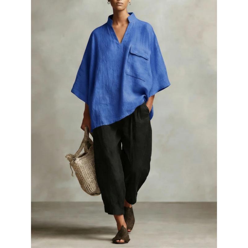 Women Loose V Neck Short Sleeve Cotton Linen Summer Shirt
