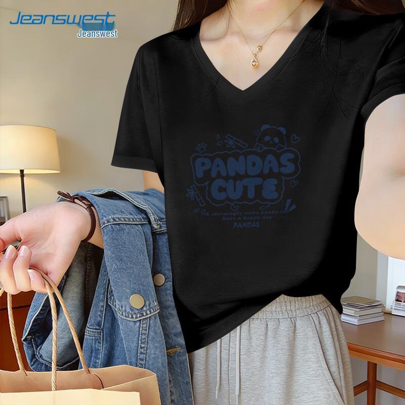 Jeanswest Women s V-Neck Cotton Tee with Line Panda Graphic M