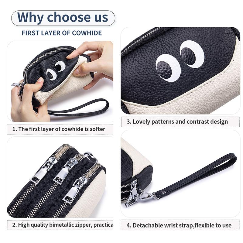 Women Multi-layer Zipper Wallet Genuine Leather Small Clutch Removable Wristband Bag for Ladies Luxury Cartoon Large Coin Purse