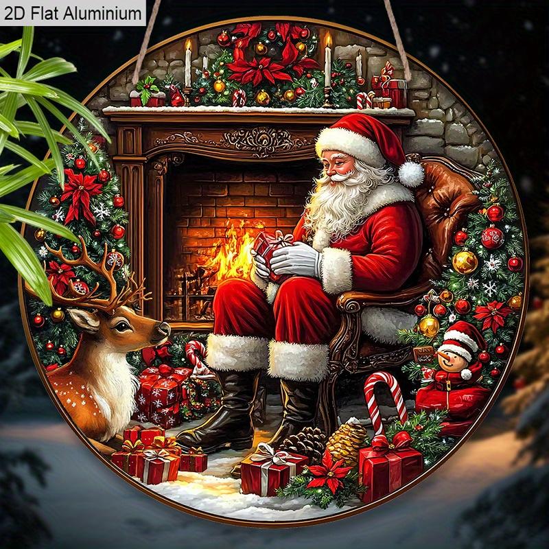 2D Flat Aluminium Merry Christmas Sign with Santa Claus & Fireplace Pattern - Warm Winter Figurine Ornaments - Ideal for Front Door, Wall, Porch