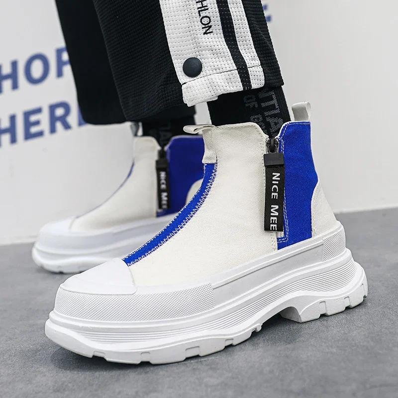 Autumn Men Casual Sneakers Canvas Chunky Platform Ankle Boots High-cut Zip Patchwork Sneakers Male Breathable Sport Shoes 38-44