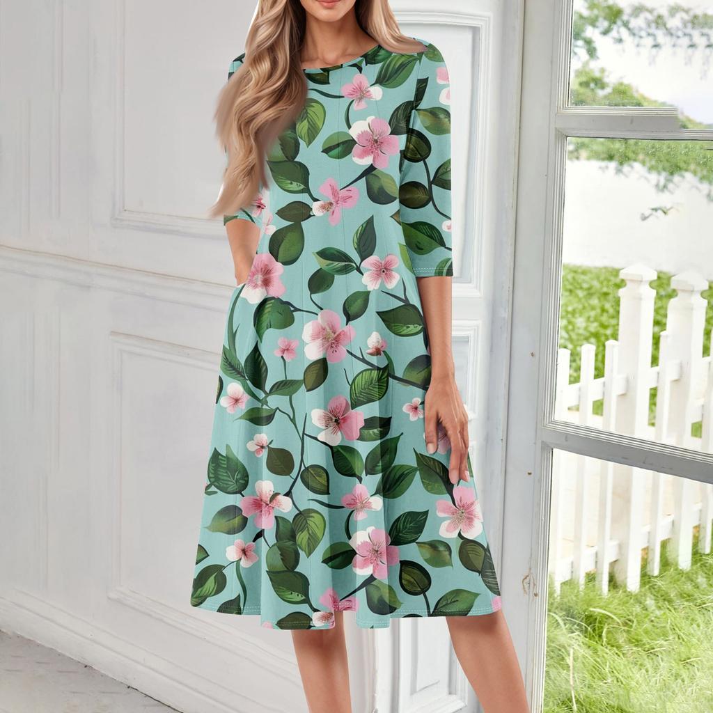 Women's Loose Casual And Fashionable Round Neck Seven Quarter Sleeved Printed Mid Length Dress