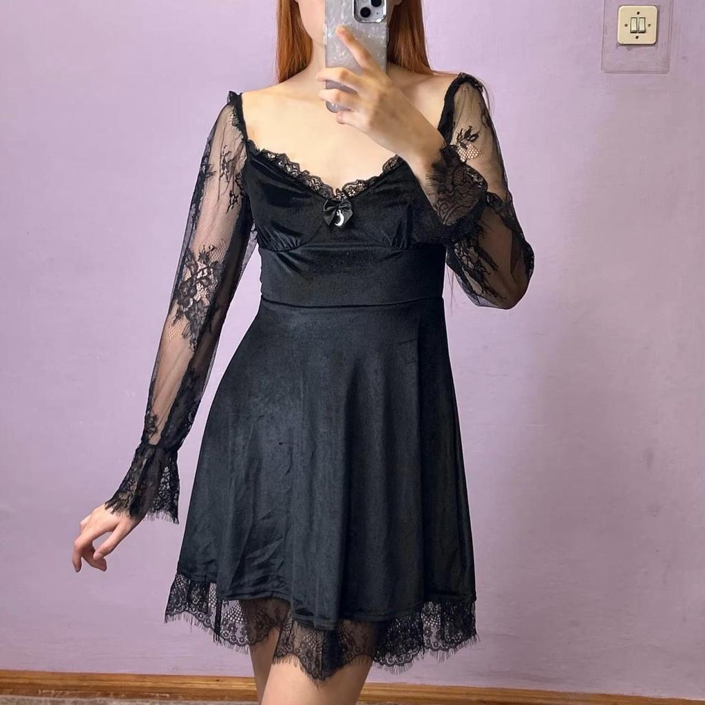 Grunge Goth Gothic Black Mini Dress Lace Trim High Waist Bodycon Women Vintage Punk Lolita Cloth