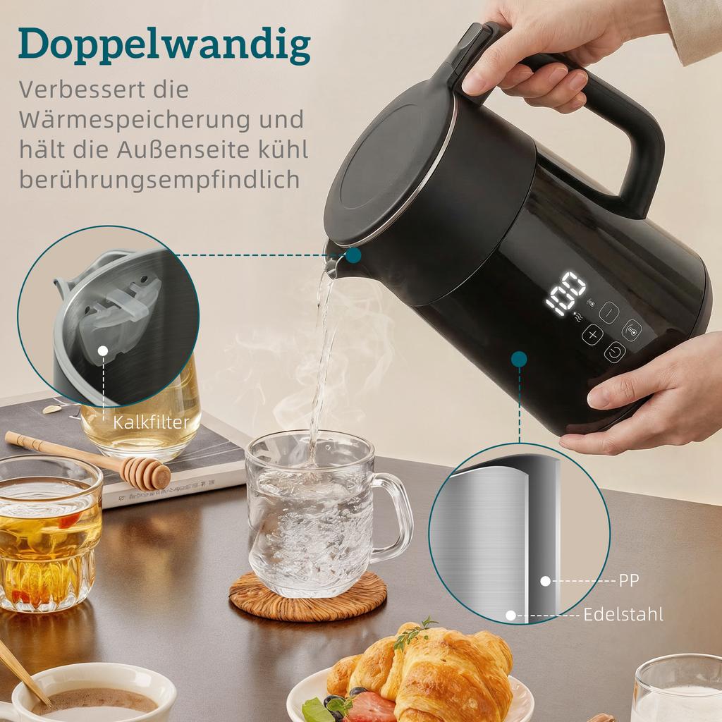Czajnik elektryczny, 1,7 l, Szybkie gotowanie, 2200 W, z wyświetlaczem LED, Funkcja podtrzymywania temperatury, Zabezpieczenie przed zagotowaniem na sucho, Bez PTFE