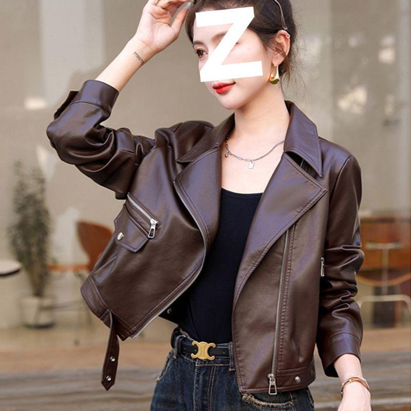 2025 Women's Petite PU Leather Short Motorcycle Jacket, Spring/Autumn Casual Style with Suit Collar.