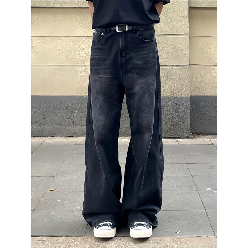 Washed black wide-leg jeans loose Japanese casual versatile men's and women's straight design couple trousers