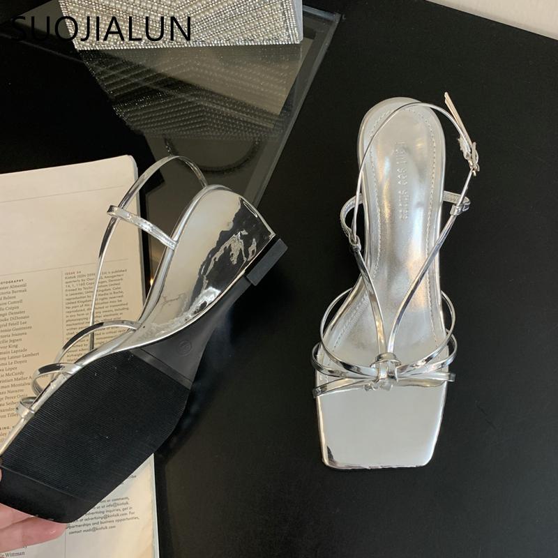 Moda SUOJIALUN 2025 Lato Nowa Marka Kobiety Sandały Moda Wąski Pasek Damskie Eleganckie Buty Gladiator Wysoki Koturn Sukienka Czółenka Slid