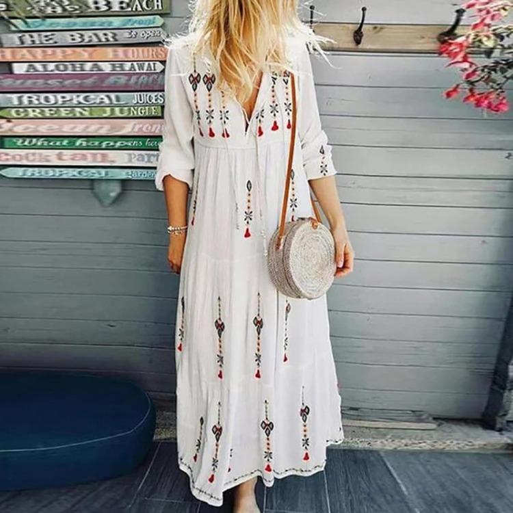 

Ретро Макси-платье с V-образным вырезом и принтом, Женское модное платье свободного кроя с длинным рукавом S белый