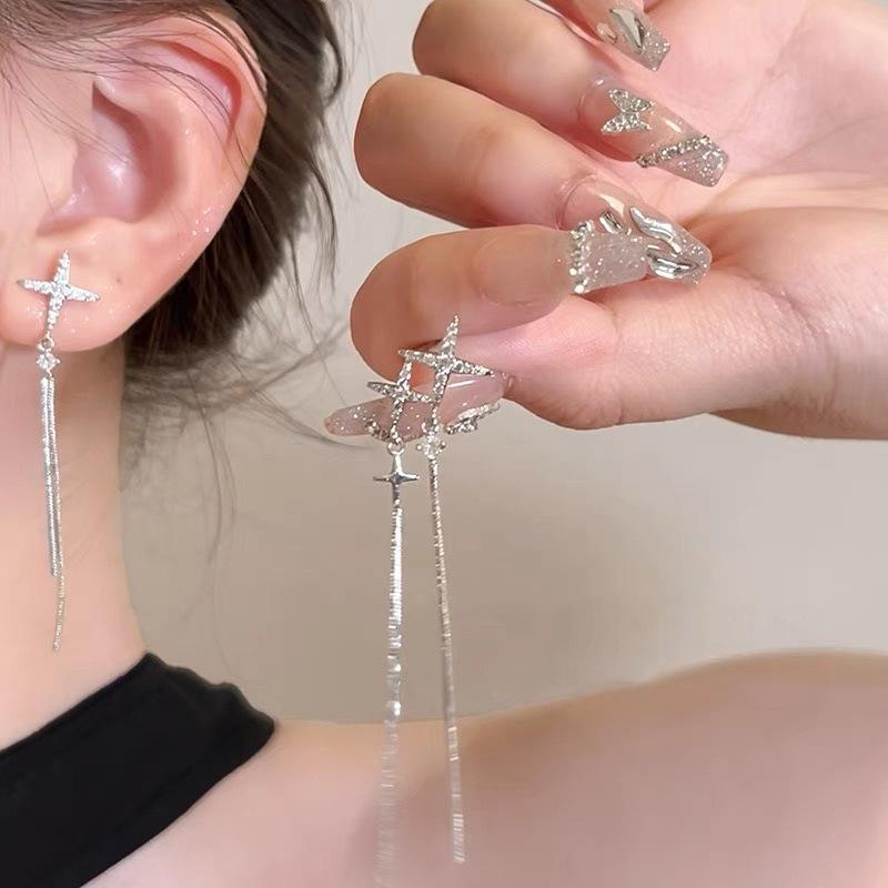Star zircon fringed earrings women's new popular earrings light luxury high-end temperament long earrings