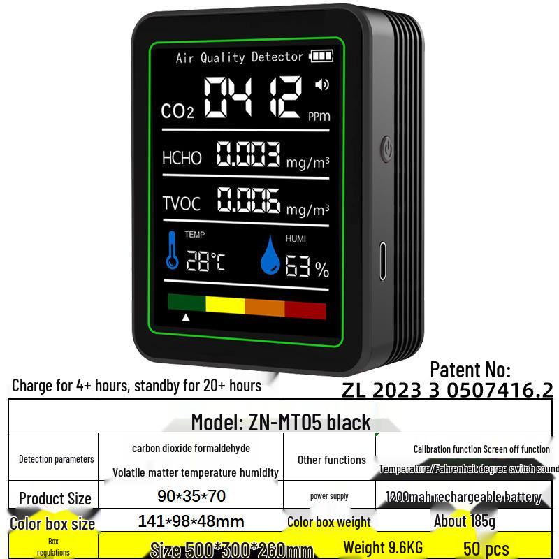 5-in-1 Portable CO2 & Formaldehyde Infrared Gas Detector for Air Quality Monitoring