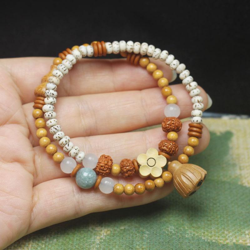 Green Sandalwood Chinese Style Double Loop Bracelet, Flower & Bodhi Prayer Beads Mala, Jewelry & Gift for Women