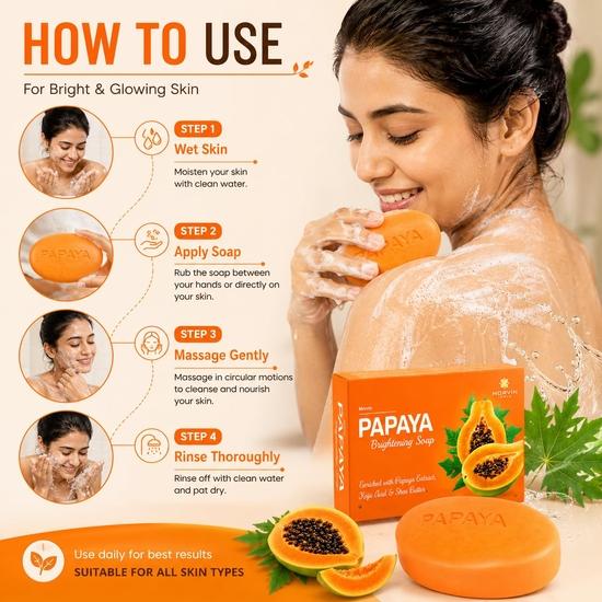 Morvin Papaya Bath Soap Bar - Enriched with Papaya Extract, Kojic Acid & Shea Butter for Dark Spot & Acne Removal – (75gm, Pack of 6).