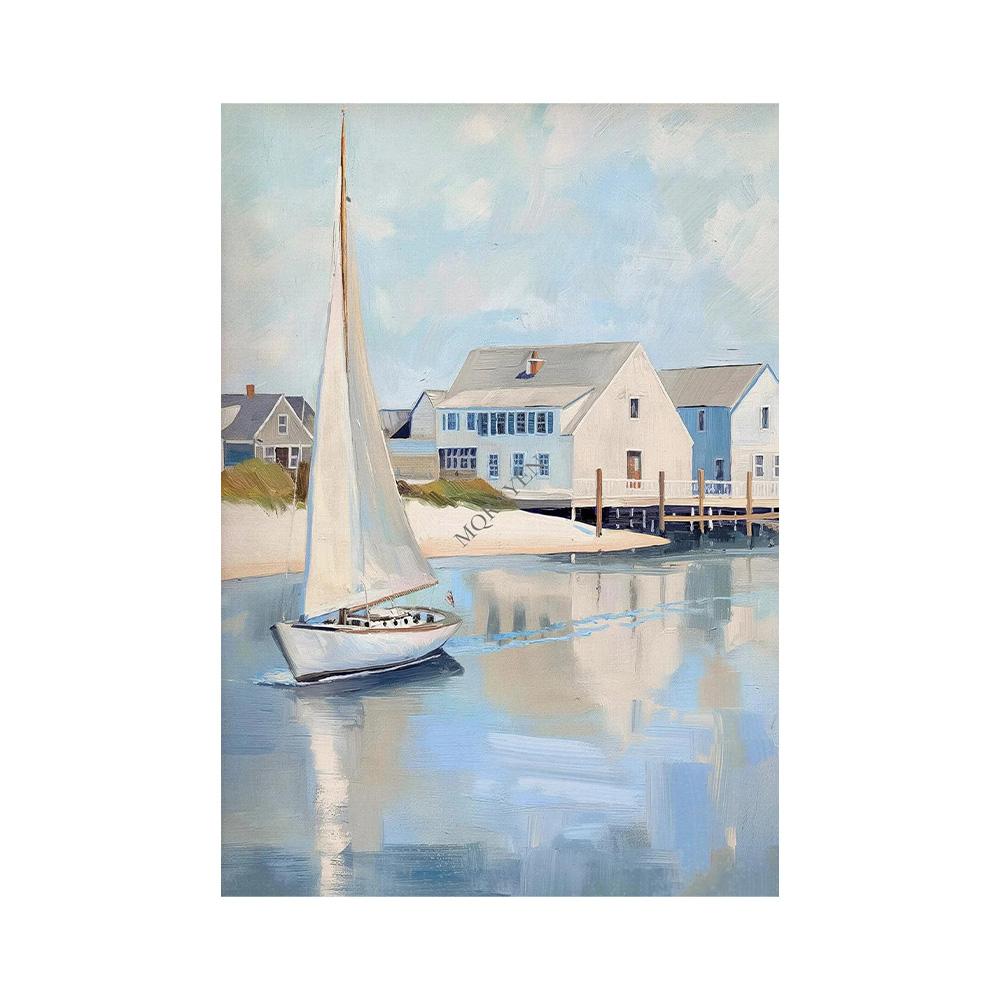 Blue Coastal Beach Seashell Sailboat Posters Prints Canvas Painting Wall Art Pictures Living Room Home Decor Cuadros