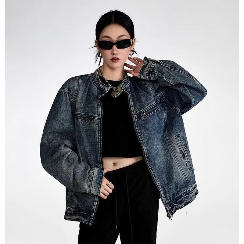 ICH MODE Women's Retro Washed Denim Jacket