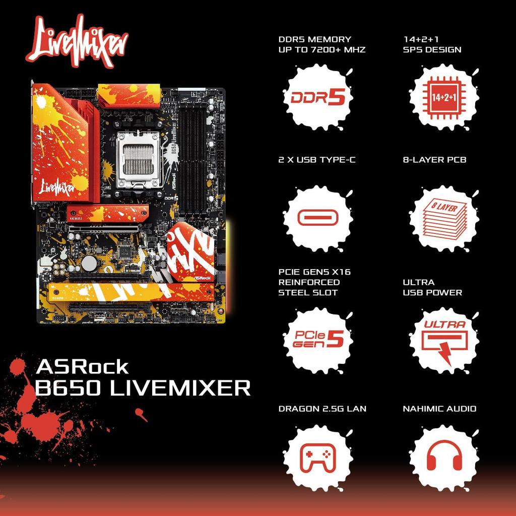 Asrock Motherboard B650 LiveMixer Compatible with AMD Ryzen 7000 Series CPU B650E ATX Motherboard Authorized Distributor (Soket AM5) [Domestic