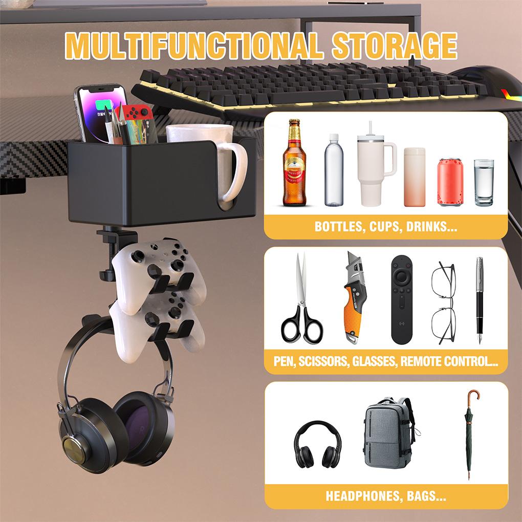 5 in 1 Desk Headphone Hanger Clamp Under Desk Cup Holder Rotating Game Controller Stand Detachable Pen Cup Holder Desk Storage