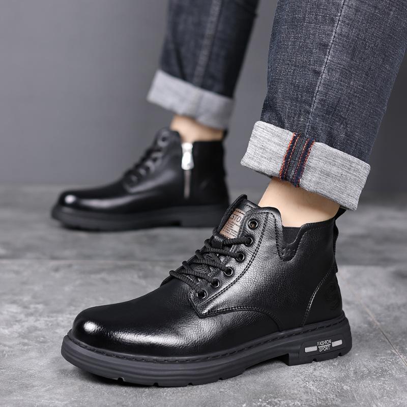 2025 Winter Genuine Leather Shoes Mens Snow Boots Warm Plush Flat Brand Male Ankle Boots Black Brown Non-slip