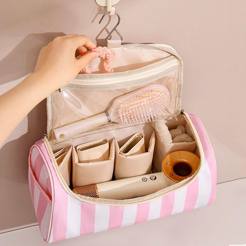 Striped Hair Tool Organizer Portable Large Capacity Travel Storage Case Hanging Hook with Handle Makeup Organizer Bag