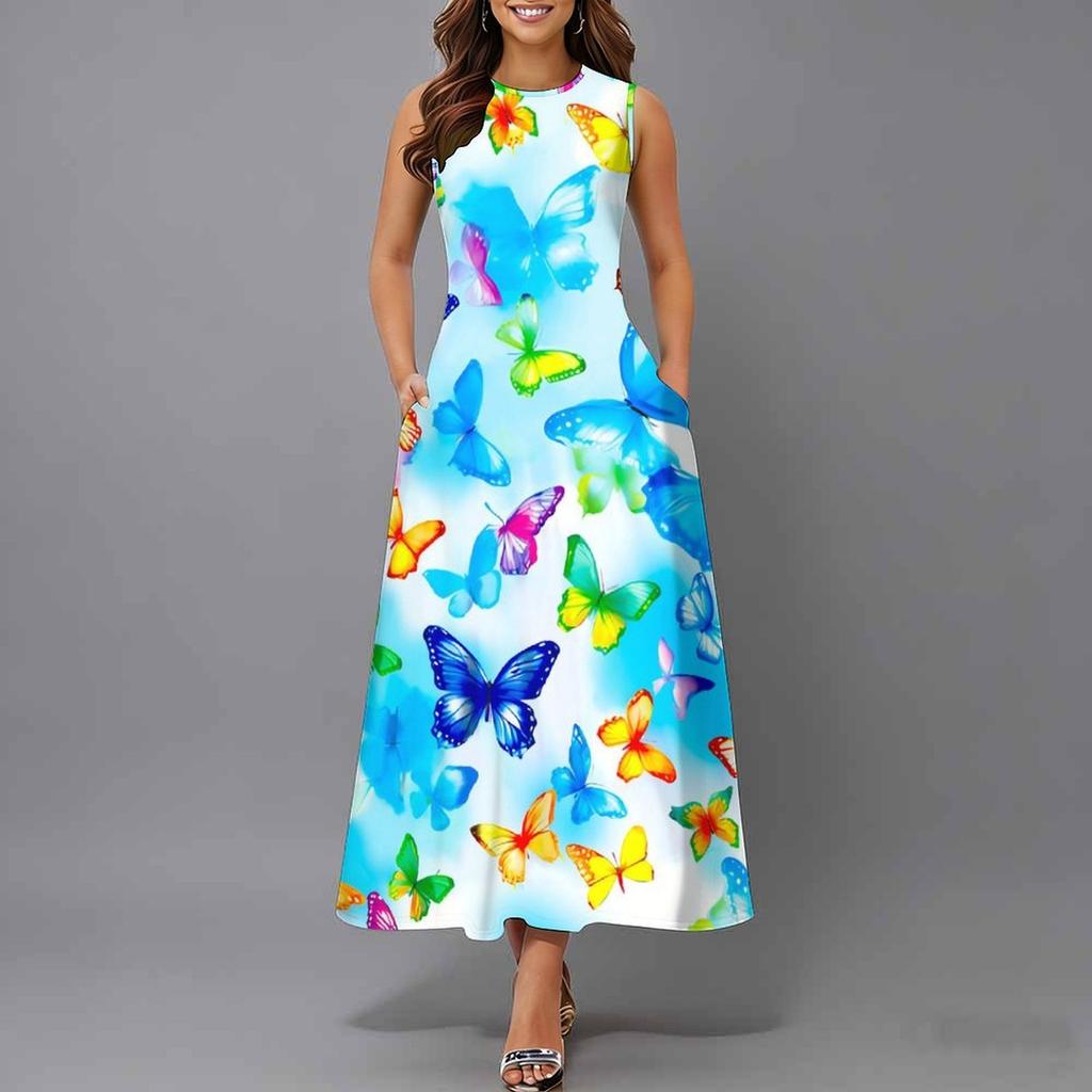 Ladies Oversized Sleeveless Crew Neck Dress Delicate Clustered Wild Flowers Loose Mid Length Dress