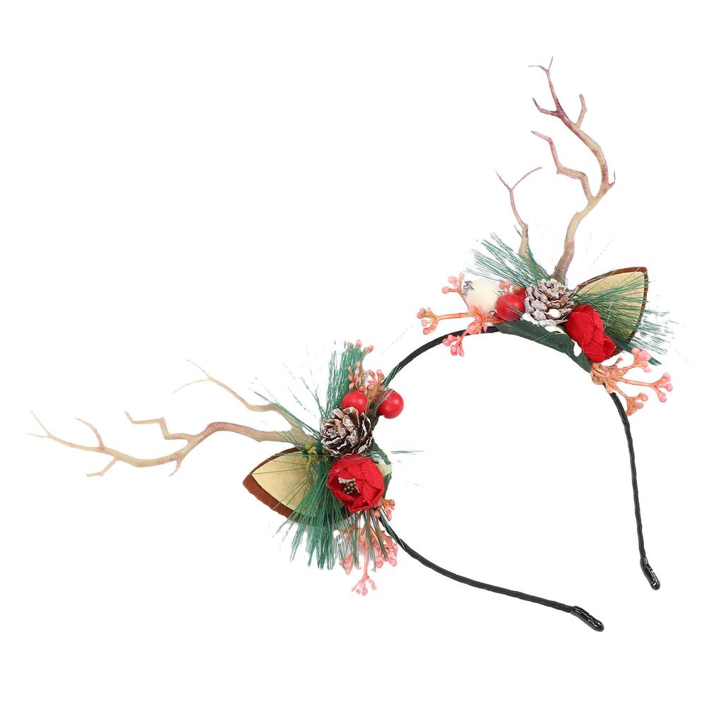 Deer Antler Flower Crown Headband Fairy Flower Reindeer Costume Accessory with Branch Pine Needle Decorations for Women