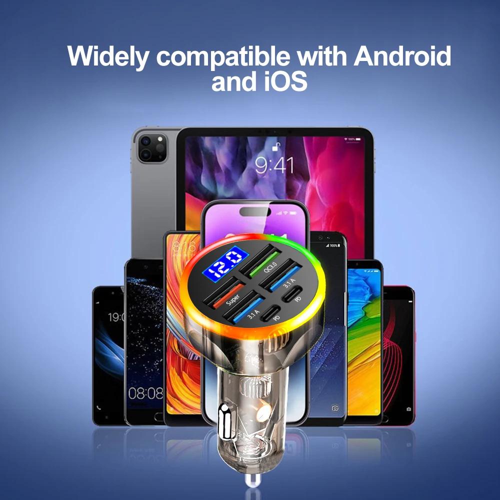 250W 6-in-1 Digital Display Car Charger QC3.0 USB Type C PD Fast Charging for iPhone Xiaomi Samsung Phone Charger Adapter In Car