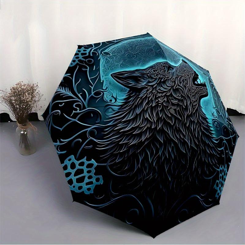 1pc Wolf Moon Compact Travel Umbrella, Automatic Folding Lightweight Windproof 8-Bone Reinforced Design, Portable for Backpack Durable Canop