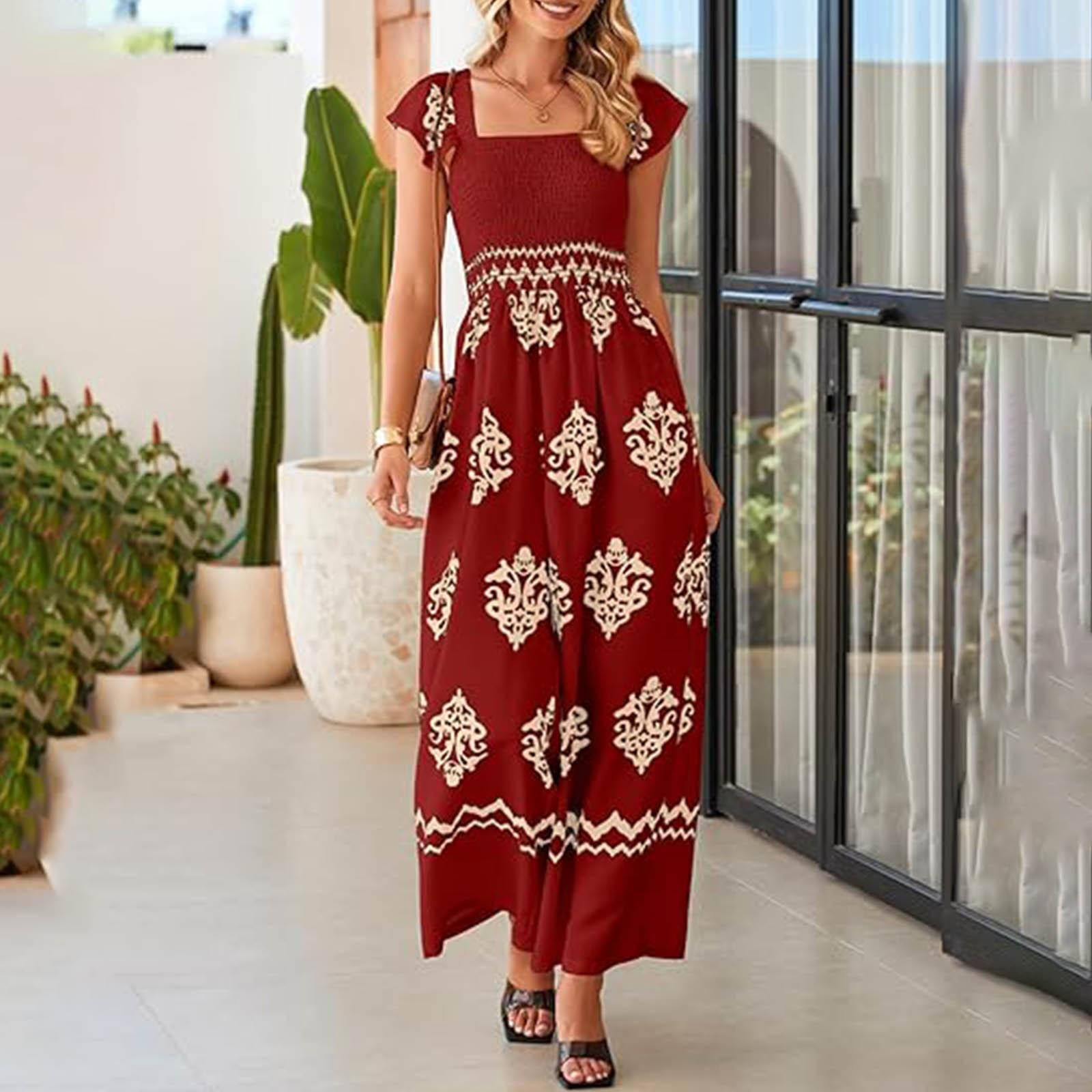 

Женский комбинезон с принтом в стиле бохо, повседневный, с высокой талией, широкими штанинами и карманом XL красный