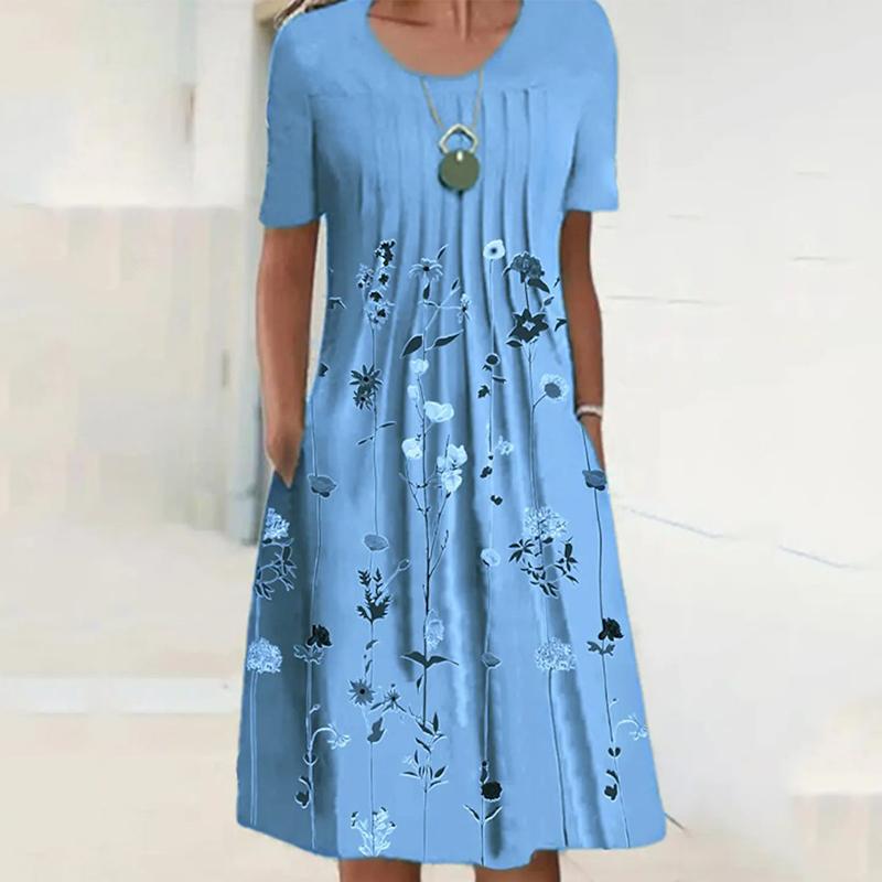 

Весенне-летнее платье с цветочным принтом и круглым вырезом, карманом средней длины, модная повседневная женская одежда XXL