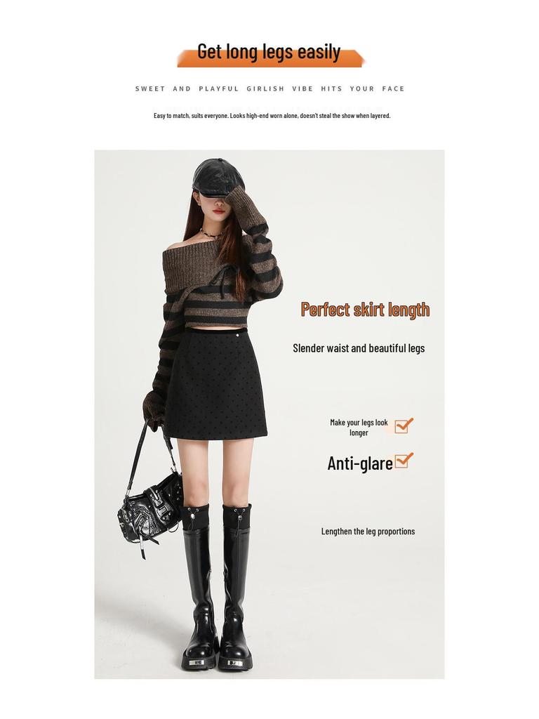 2026 Autumn/Winter Women's High-Waisted Retro Polka Dot Woolen Mini Skirt - Trendy & Slimming Design