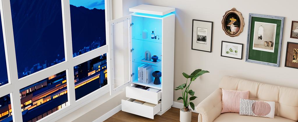 Vetrina 60*40*171cm, Armadio Alto con 2 Cassetti, Vetrina in Vetro ad Alta Lucentezza con LED, Soggiorno con Ante in Vetro e Ante a Ribalta, Bianco